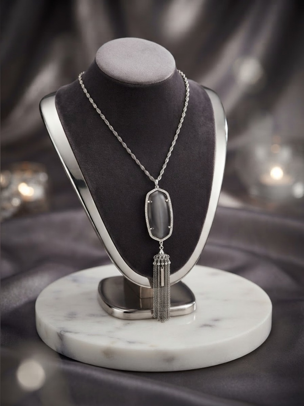 Kendra Scott Rayne Long Silvertone Pendant with Slate Gray Stone EUC